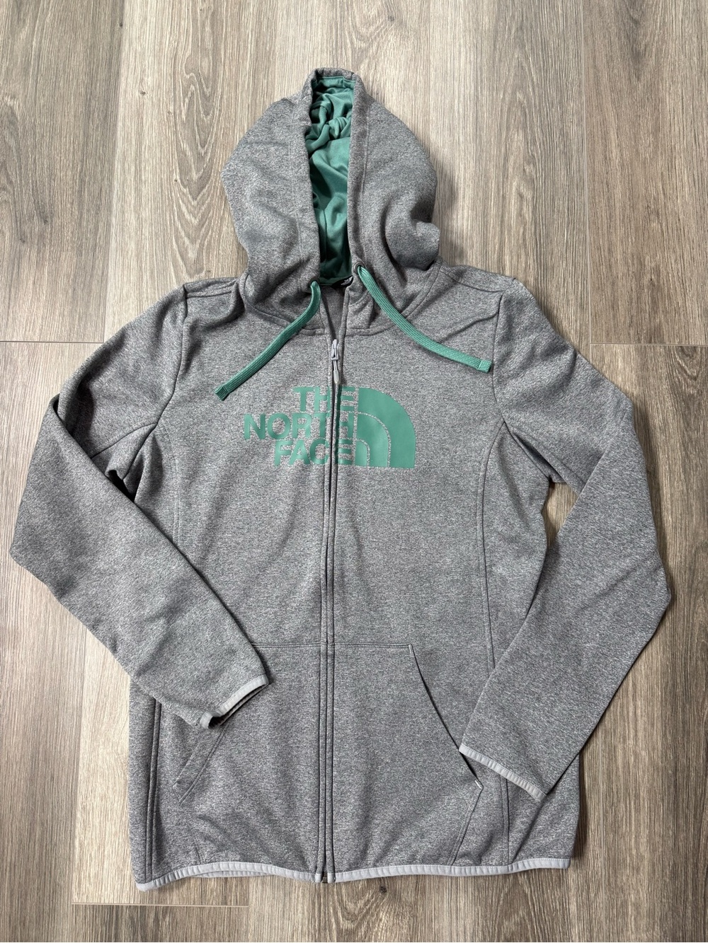 The North Face Women's Large Full Zip Up Hooded Jacket Thumb Holes Seafoam/Gray